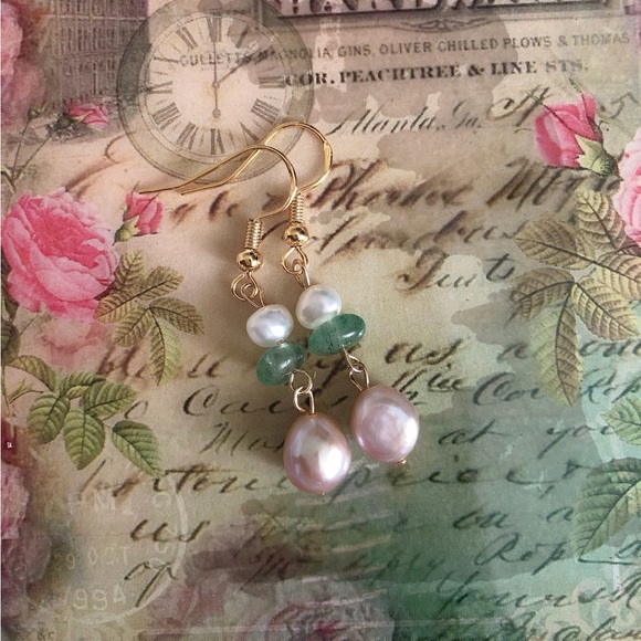 Natural crystal & freshwater pearl 14K gold filled earrings - Picture 2 of 4